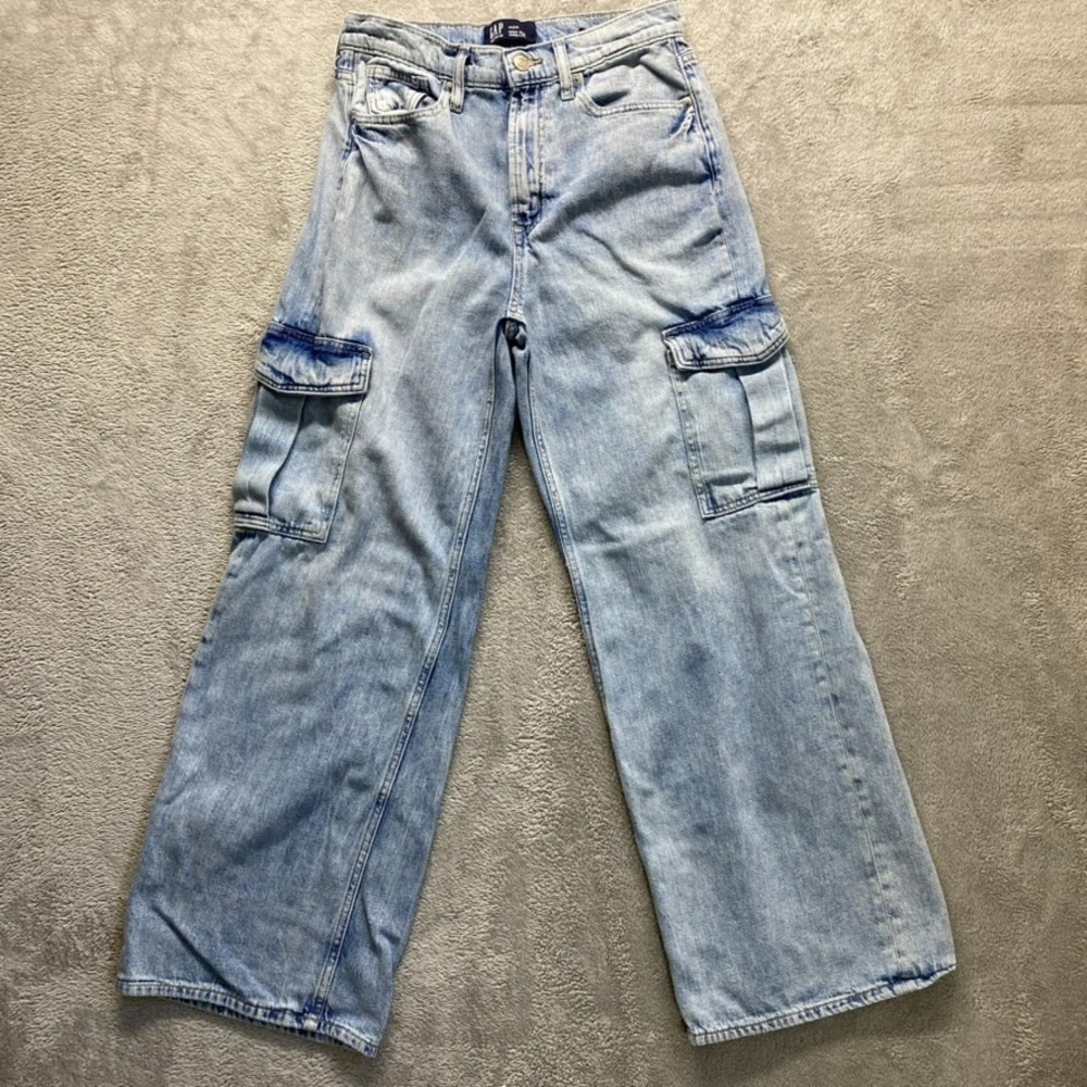 Gap Jeans Womens 4 Blue Wide Leg High Rise Cargo Distressed Light Wash Denim